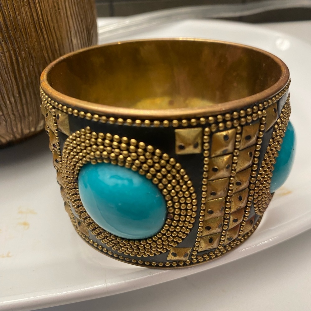 Beaded Cuff Antique Vintage Ethnic Unique Unisex Turquoise Brass Rivets Bracelet